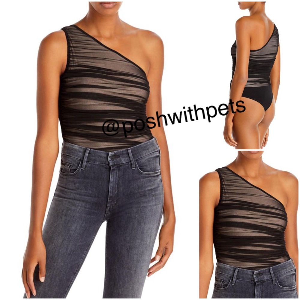 Aqua NWT Bloomingdale's One Shoulder Ruched Mesh Overlay Bodysuit Black Med New